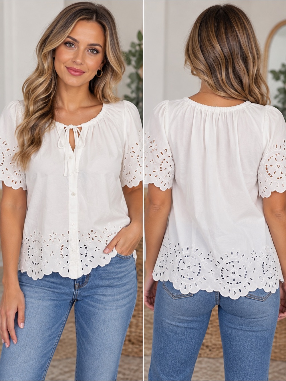 Target 🎯 a new day Cream Eyelet Tie-Front Short Sleeve Blouse